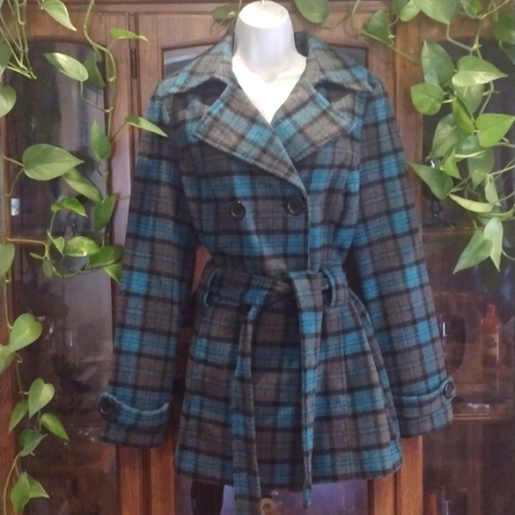Jou Jou Jackets & Blazers - Jou Jou Blue and Gray Plaid Winter Belted Coat Size L